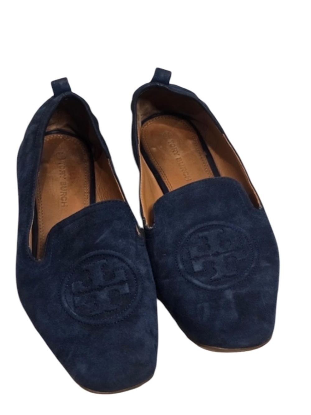 Tory Burch Navy Leigh Suede Loafer Logo Medallion Slip on Women's Size 8.5